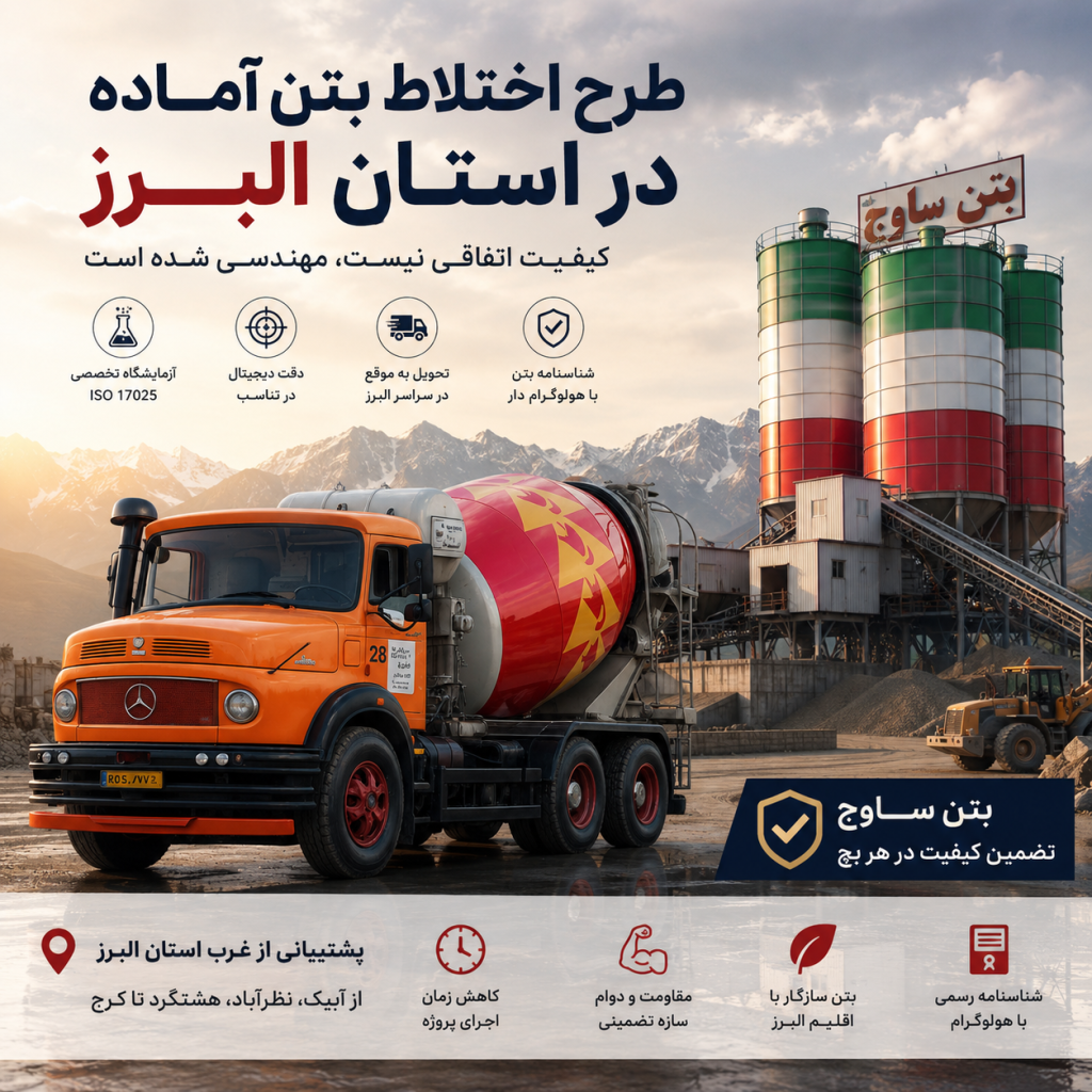 طرح اختلاط بتن آماده استاندارد در کارخانه بتن هشتگرد با بچینگ اتوماتیک و تراک میکسر برای پروژه‌های کرج، نظرآباد، آبیک و مهستان